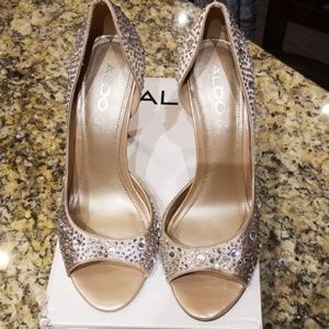 Aldo nude satin rhinestone heels